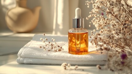 Amber serum bottle on white towels with flowers
