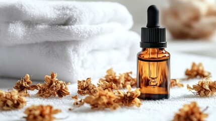 Aromatherapy essential oil bottle on white towels
