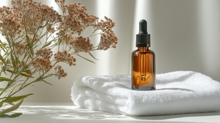 Dropper bottle on white towels with flowers