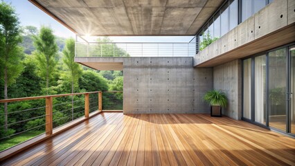 Fototapeta premium Empty Modern Wooden Terrace Loft Style with Concrete Wall and Gray Floor Natural Light Garden View