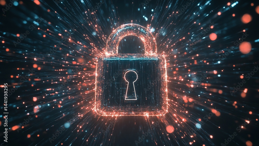 Poster Glowing digital padlock surrounded by particles, symbolizing cybersecurity and data protection.