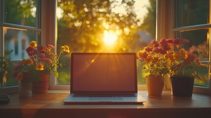 Sunny morning at home office with laptop and potted flowers by the window
