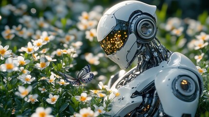 Robot interacting with butterfly in blooming garden during daytime showcasing the harmony between technology and nature