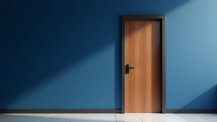A wooden door with a black handle set against a blue wall with light and shadow patterns visible
