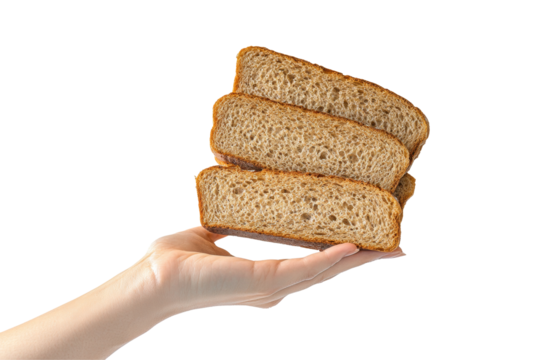 Hand Holding Three Slices of Freshly Baked Sesame Loaf Bread on Transparent Background - Powered by Adobe