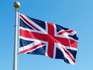 United Kingdom Flag Waving Against a Clear Blue Sky