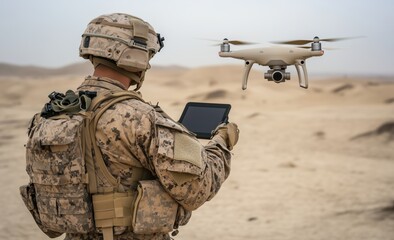 Soldier operates drone in desert terrain with tablet during military exercise
