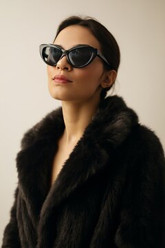 A stylish woman wearing sleek black cat-eye sunglasses and a luxurious dark faux fur jacket, standing confidently with her head tilted slightly, looking upwards.