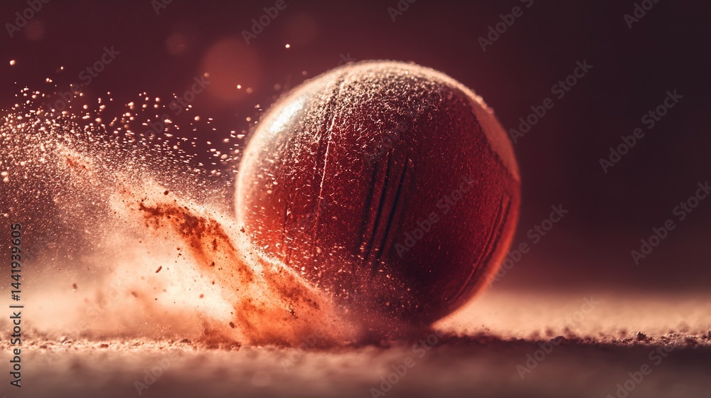 Poster close-up of a dusty ball rolling on a sandy surface, creating a dynamic dust trail.