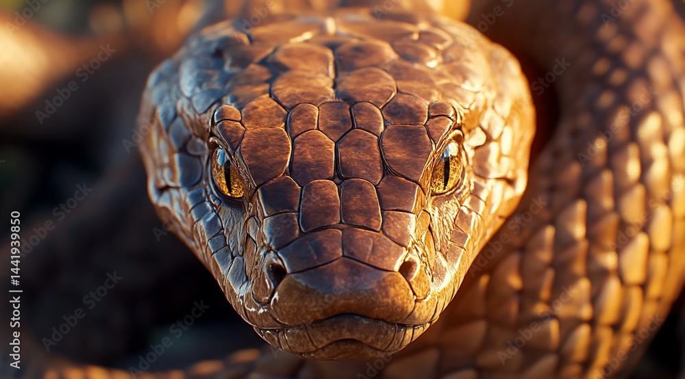 Poster close-up of a large brown snake's head, showcasing its textured scales and intense gaze.