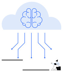 Brain-shaped cloud with neural connections extending below, connecting to digital elements. Woman using a tablet. Ideal for AI, cloud computing, data analysis, innovation, networking, technology