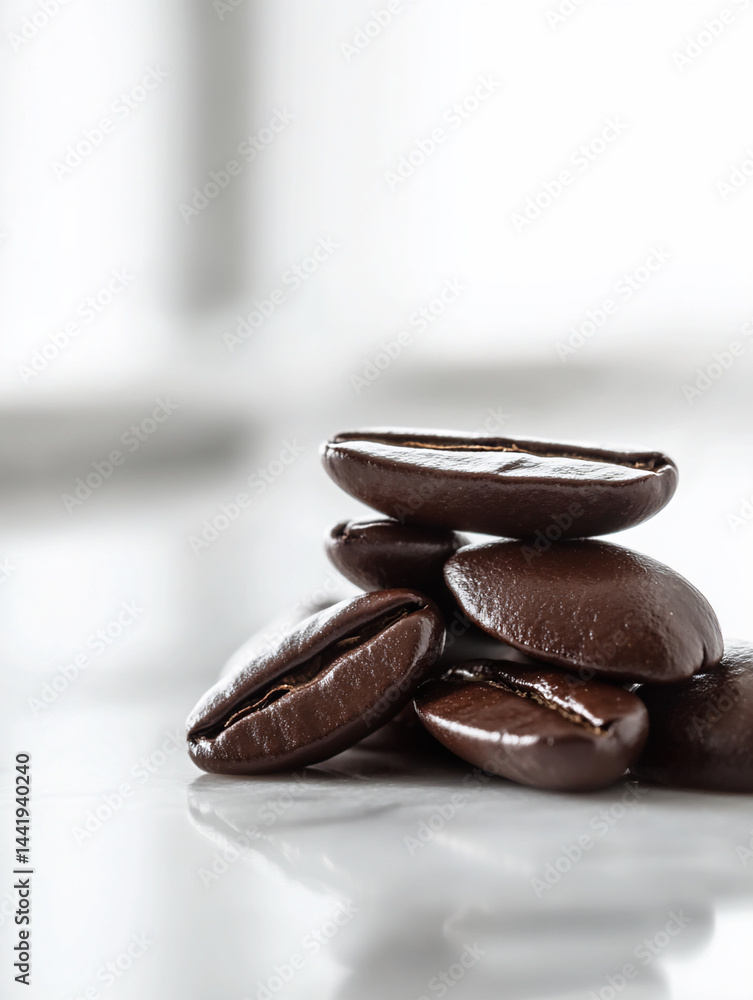 Poster close-up of a small stack of dark roasted coffee beans on a white surface.