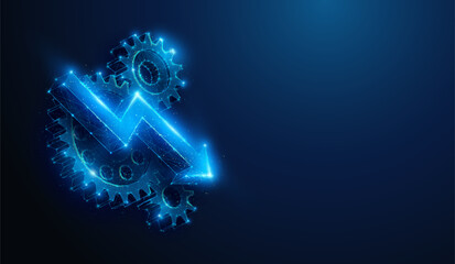 Low Poly Arrow Down over Cogwheels. Abstract illustration on economic stagnation,production performance drop,technological crisis in manufacturing industry concept by wireframe mesh on blue background