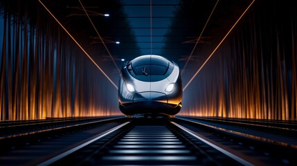 Sleek high speed train speeding through glowing futuristic tunnel, highlighting cutting edge transportation technology and dynamic nighttime motion
