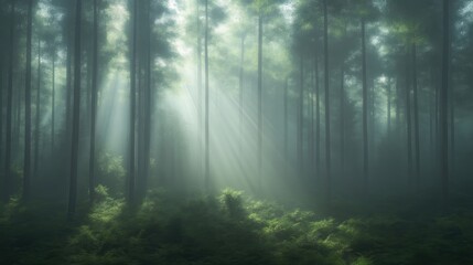 Obraz premium Mystical forest bathed in sunlight. Sunlight piercing through a misty, tranquil woodland. Gentle morning light filters through the trees