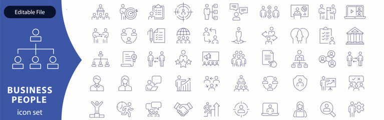 Business related original icons. Network, teamwork, payment, computing, seo, ai etc. Editable stroke.