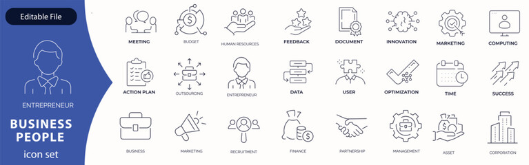 Business related original icons. Network, teamwork, payment, computing, seo, ai etc. Editable stroke.