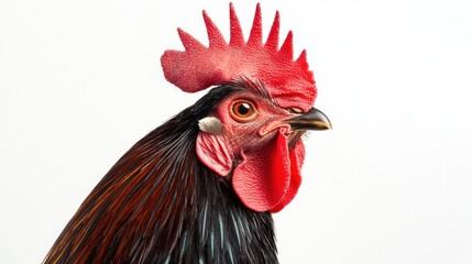 A rooster standing tall with a bright red comb, against white