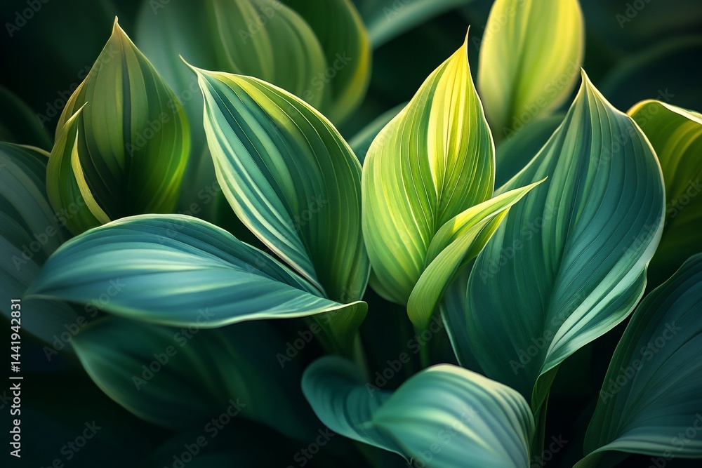 Poster lush green leaves with yellow highlights, close-up view showing intricate details and textures.