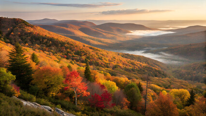 Vibrant autumn foliage blankets Hunter Mountain's rugged landscape. with golden light illuminating rolling hills. woodlands. and misty valleys in the Catskill Mountains. New York.