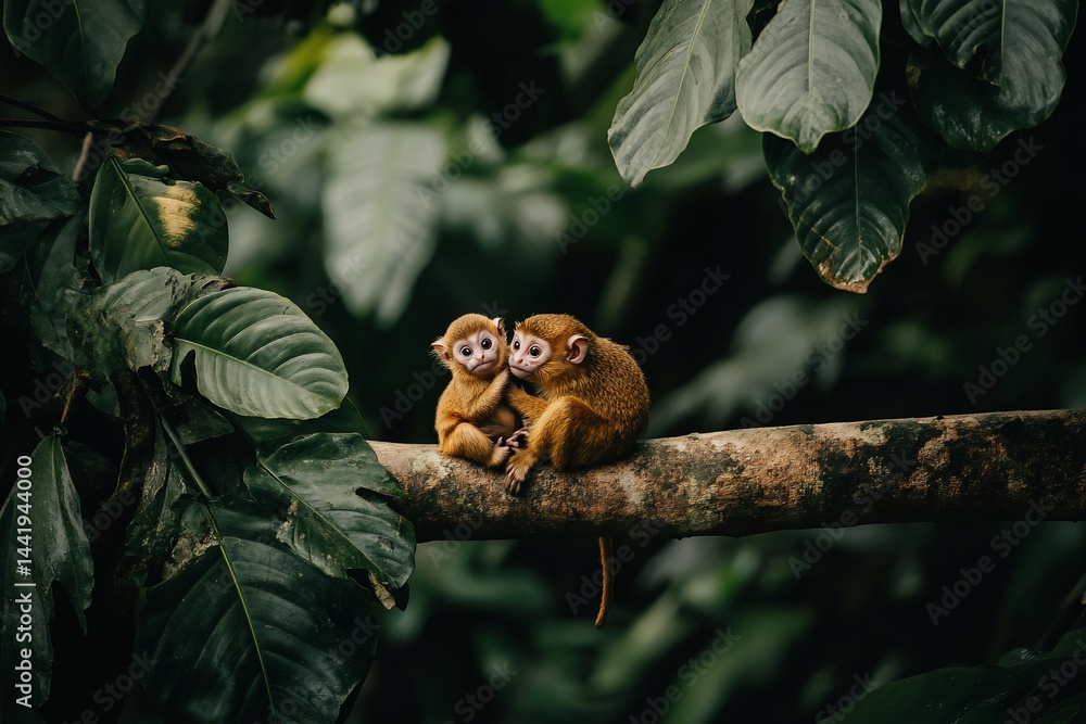 Aufkleber two adorable golden monkeys cuddling on a tree branch in a lush green rainforest.