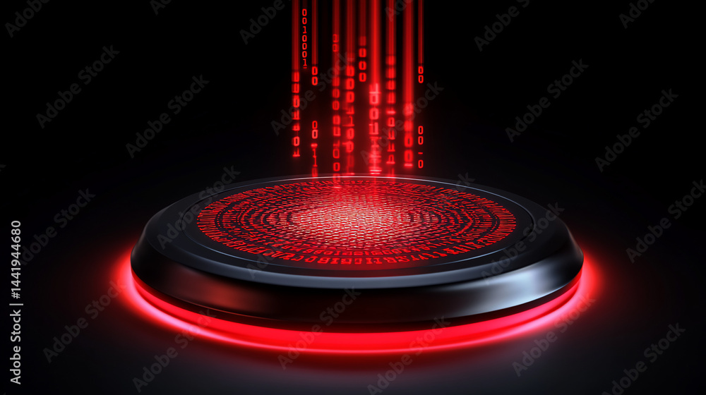 Aufkleber Red binary code streams down onto a dark circular platform, glowing with red light.