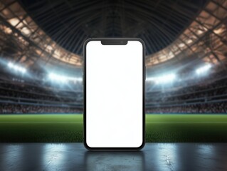 Smartphone in stadium with blank screen, representing sports technology and fan engagement during match day in a modern arena