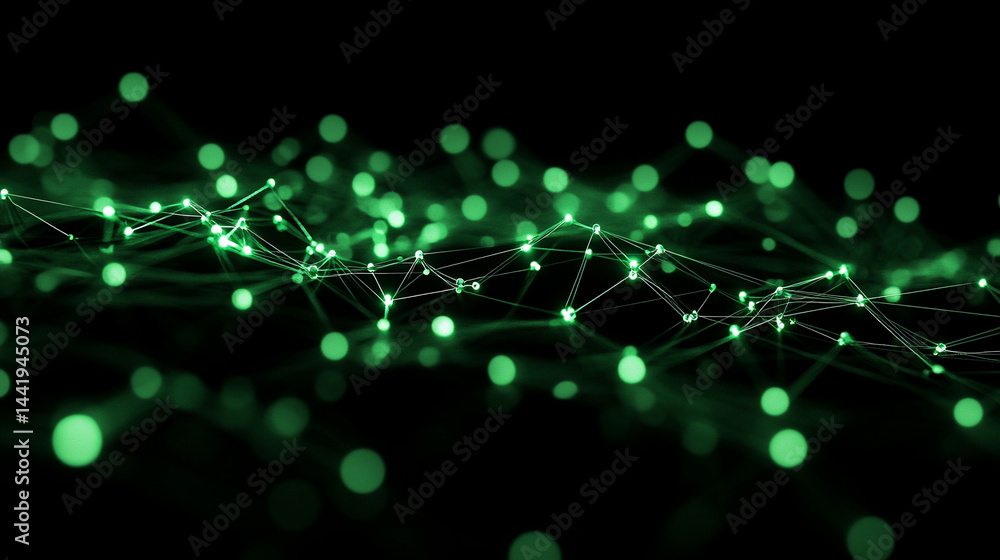 Poster abstract green glowing particles and lines forming a network on a black background.
