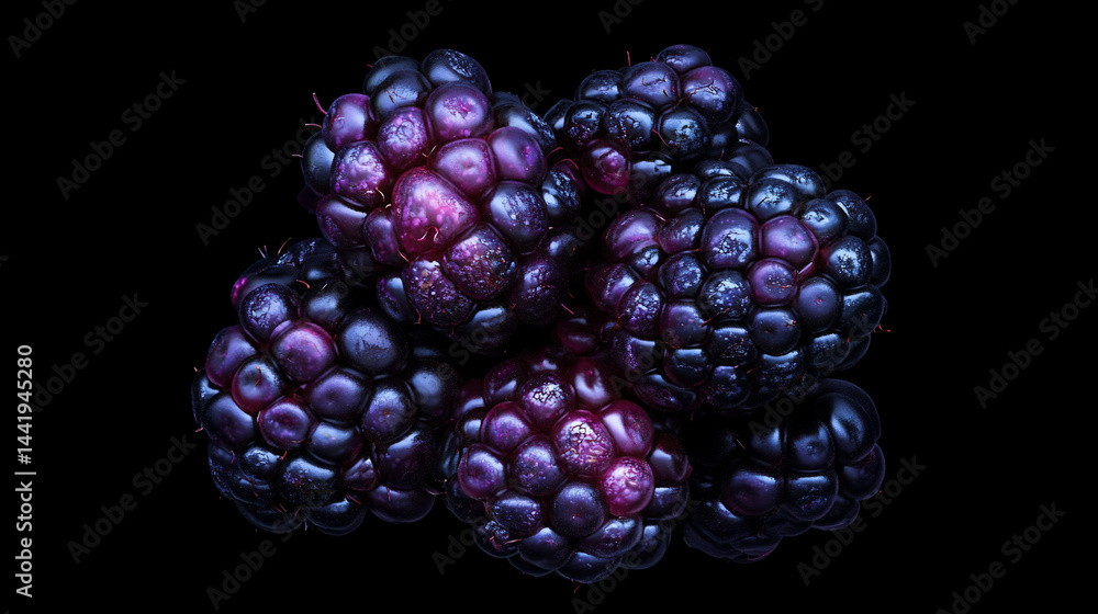 Poster close-up of a cluster of ripe blackberries on a black background.
