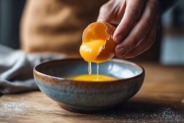 A hand cracking an egg over a ceramic bowl, with the yolk and white falling gracefully into the bowl.
