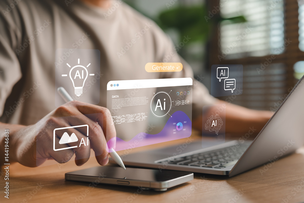 Poster futuristic artificial intelligence interface with data generation and ai content creation visuals, i