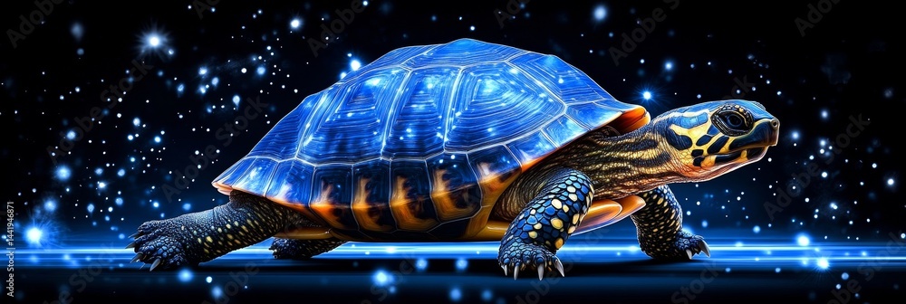 Poster luminous space turtle futuristic illustration of a reptile embellished with celestial patterns