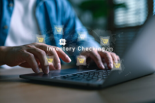 Professional using AI technology to check and manage inventory digitally, highlighting real-time monitoring, supply chain optimization, and smart procurement workflow integration.