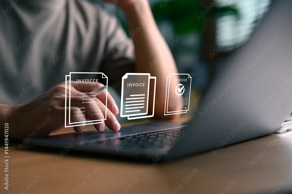 Poster professional reviewing digital invoices for payment processing in procurement workflow, focusing on 