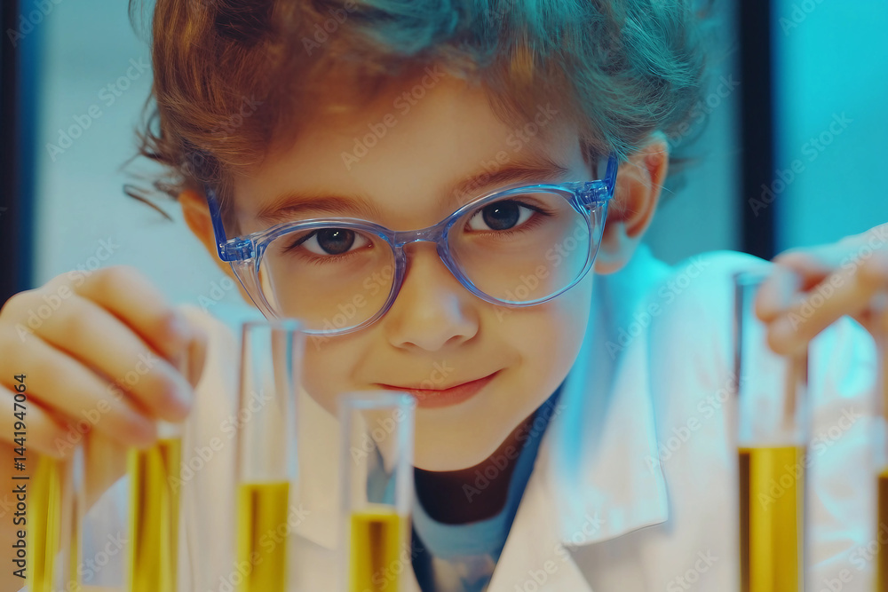 Poster young scientist exploring chemistry with laboratory beaker in science experiment generative ai