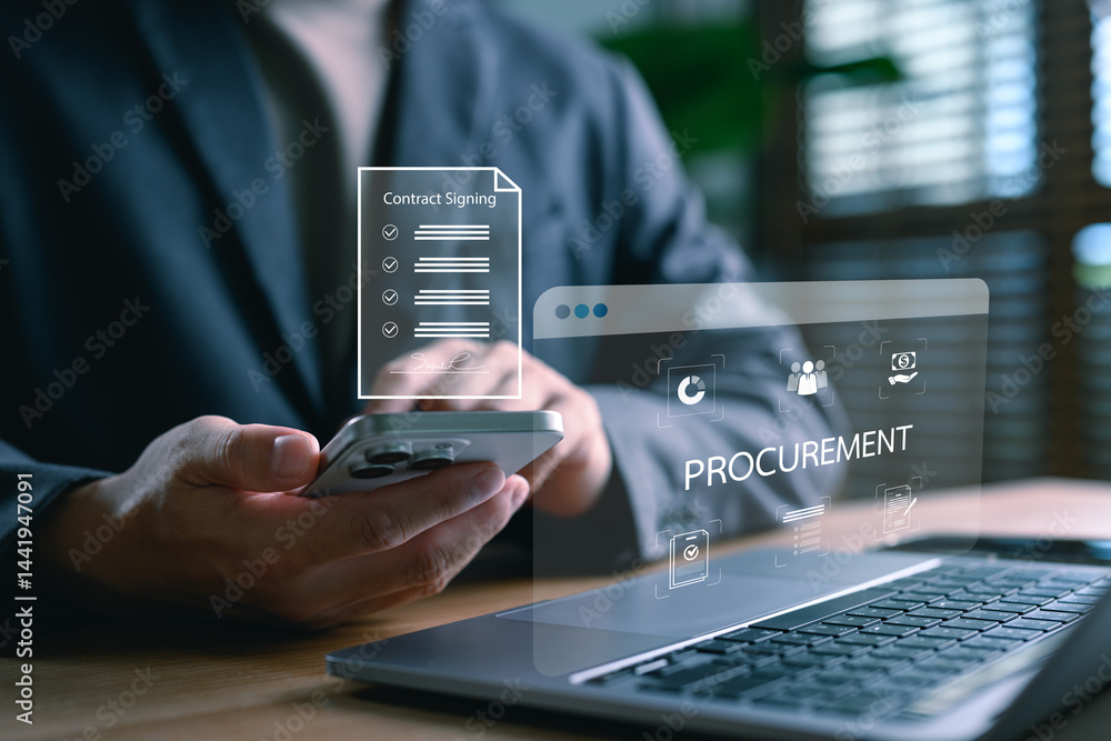 Aufkleber businessman using mobile device to review and sign digital procurement contracts via smart interface
