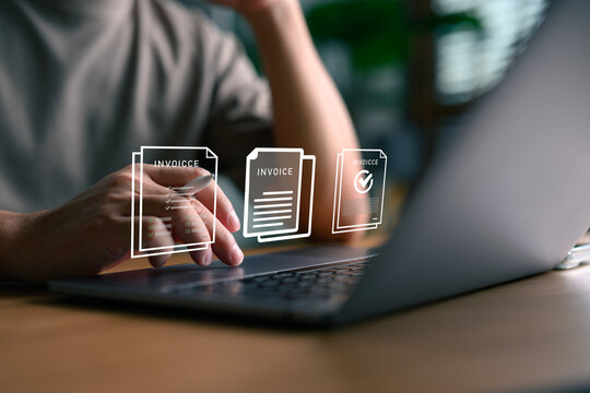 Professional reviewing digital invoices for payment processing in procurement workflow, focusing on verification, financial accuracy, and seamless digital transaction.