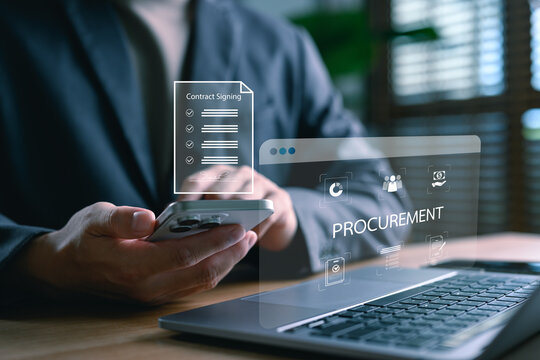 Businessman using mobile device to review and sign digital procurement contracts via smart interface, highlighting decision-making, workflow efficiency, and remote approval.