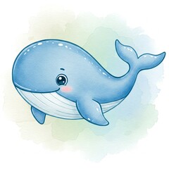 Watercolor illustration of a cute blue whale