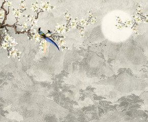  Chinese painting depicting a bird perched on a branch adorned with delicate flowers. Traditional Landscape Painting with Blossoming Branches and Birds in Serene Setting  © muhammad