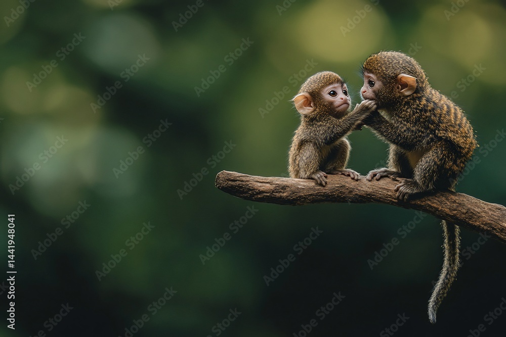 Poster two adorable baby monkeys playfully interact on a tree branch against a blurred green forest backgro