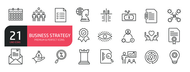 Set of line icons related to strategy, find solution, analysis, creativity. Outline icons collection. Editable stroke. Vector illustration.