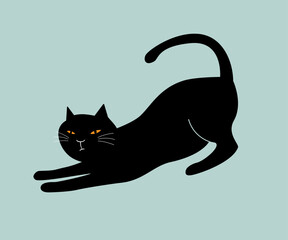 Black cat stretching, vector illustration.