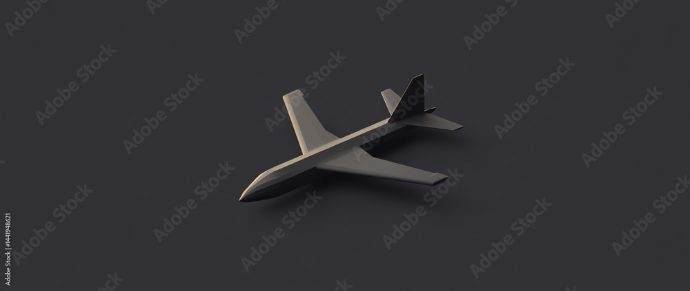 Poster simple 3d model of a dark gray airplane on a dark background.