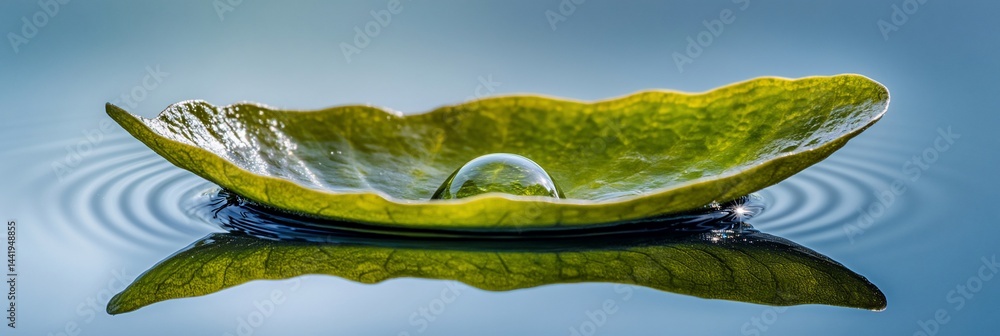 Poster water droplet on a leaf floating on calm water, creating ripples.