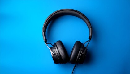 Black headphones on a vibrant blue background, showcasing modern audio equipment.