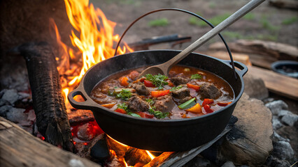 Stirring stew with hearty meat and fresh vegetables. being cooked in a cast iron pot over the vibrant flames of an open fire. perfect for camping and adventures.