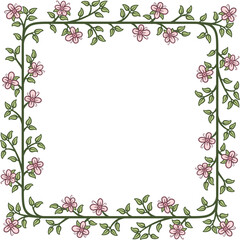 Square border with a branch of leaves and flowers. Illustration made with flowers and leaves on a white background creating a square border.