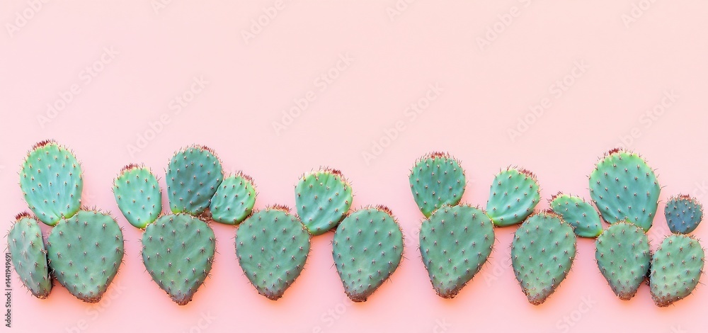 Aufkleber flat lay of prickly pear cactus pads on pink background.