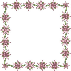 Square garland with pink flowers. Illustration made with flowers on a white background creating a square border.